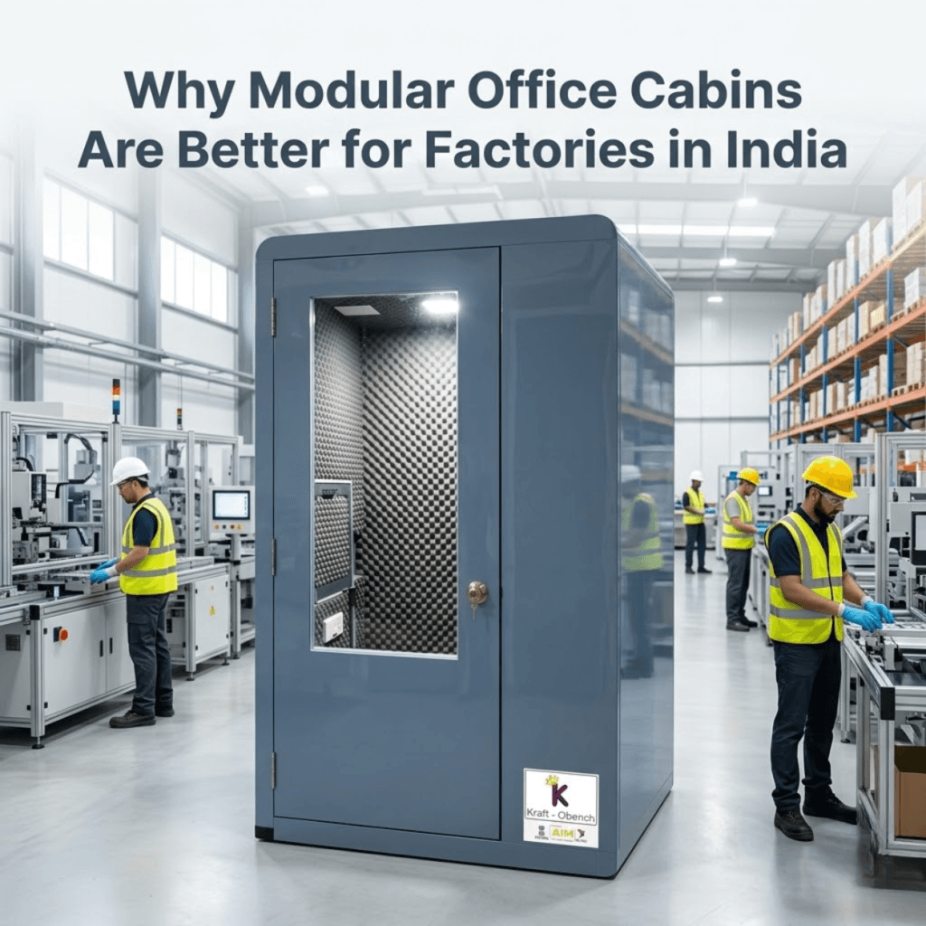 Modular office cabin installed on factory floor in India by Kraft-Obench